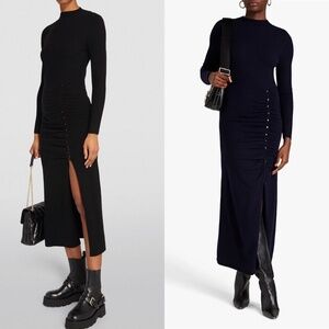 Sandro black fabre ruched wool blend midi leg slit dress